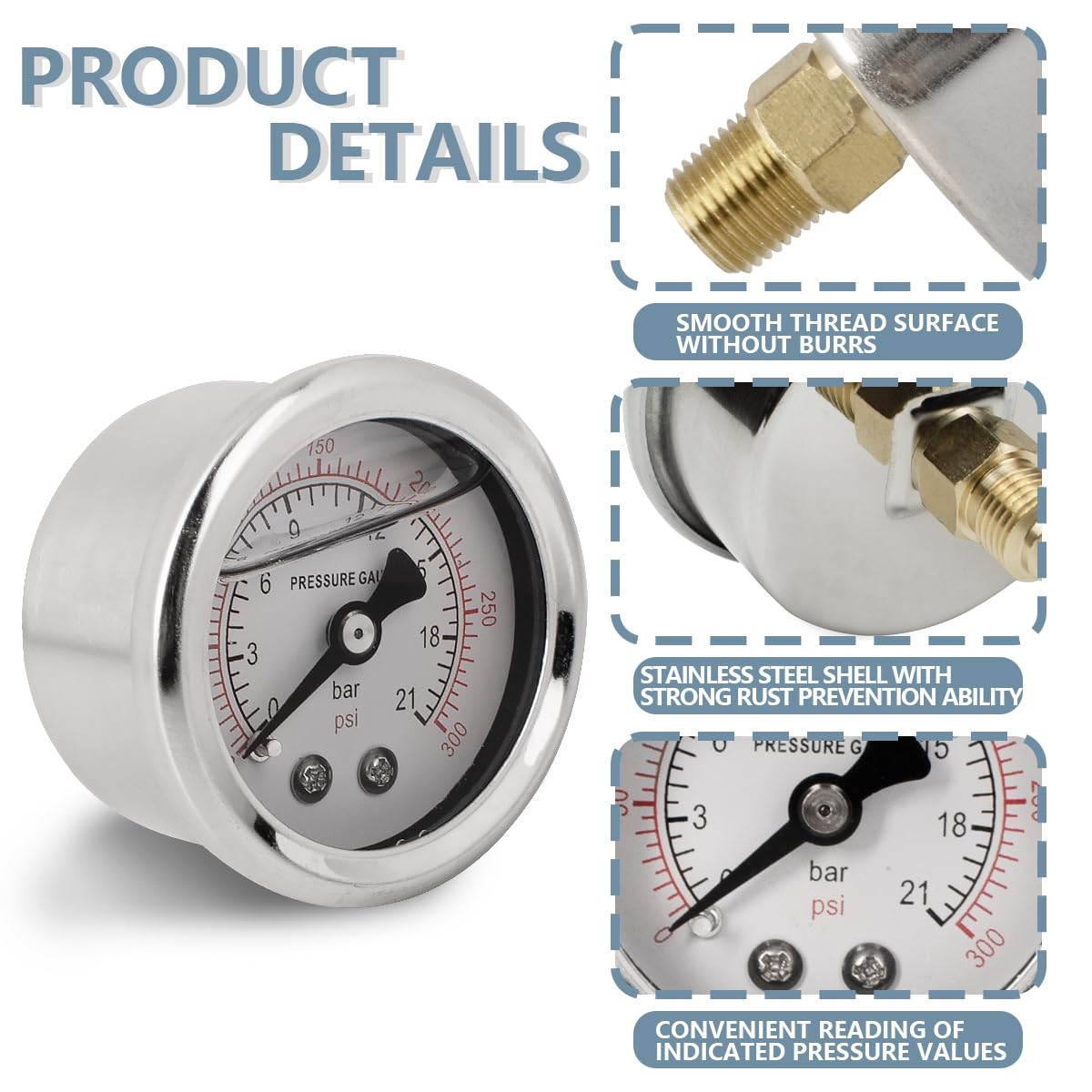 Innfeeltech 1-Pcs 40mm Pressure Gauge BSP 1/8" 0-21 Bar 0~300 Psi with 3-piece socket 1/8" to 1/4", 1/8" to 3/8", and 1/8" to 1/2" and a Teflon tape, axial
