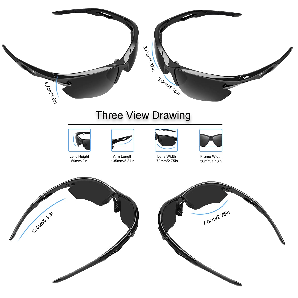 BONDDI cycling glasses, unbreakable TR 90 frame polarized sports sunglasses with UV400 protection for men and women, perfect for cycling, golf, baseball, running, and hiking.