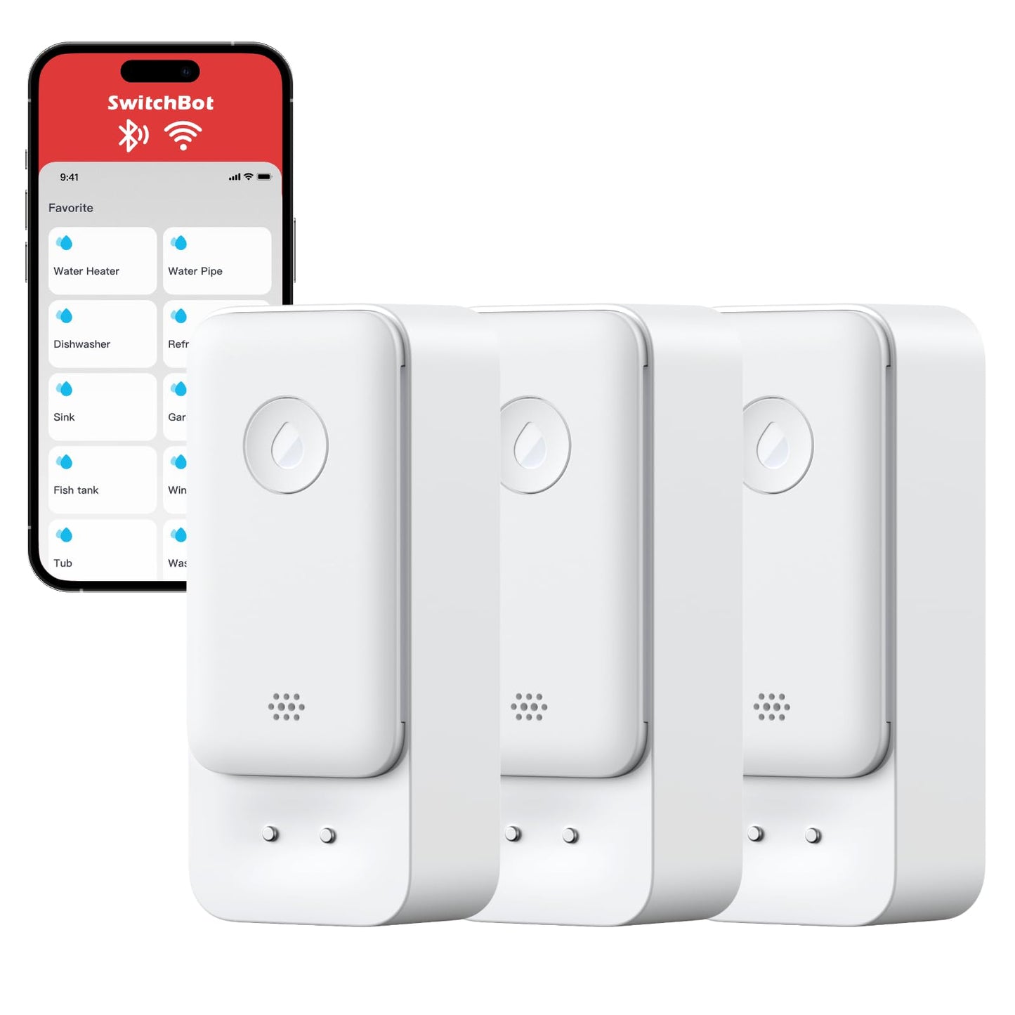 SwitchBot WiFi Water Sensor requires no hub (2.4G only), Smart Water Sensor 3 pack with 100dB Adjustable Alarm & App Notification, IP67 waterproof, Water Leak Detector for kitchen, bathroom, basement.