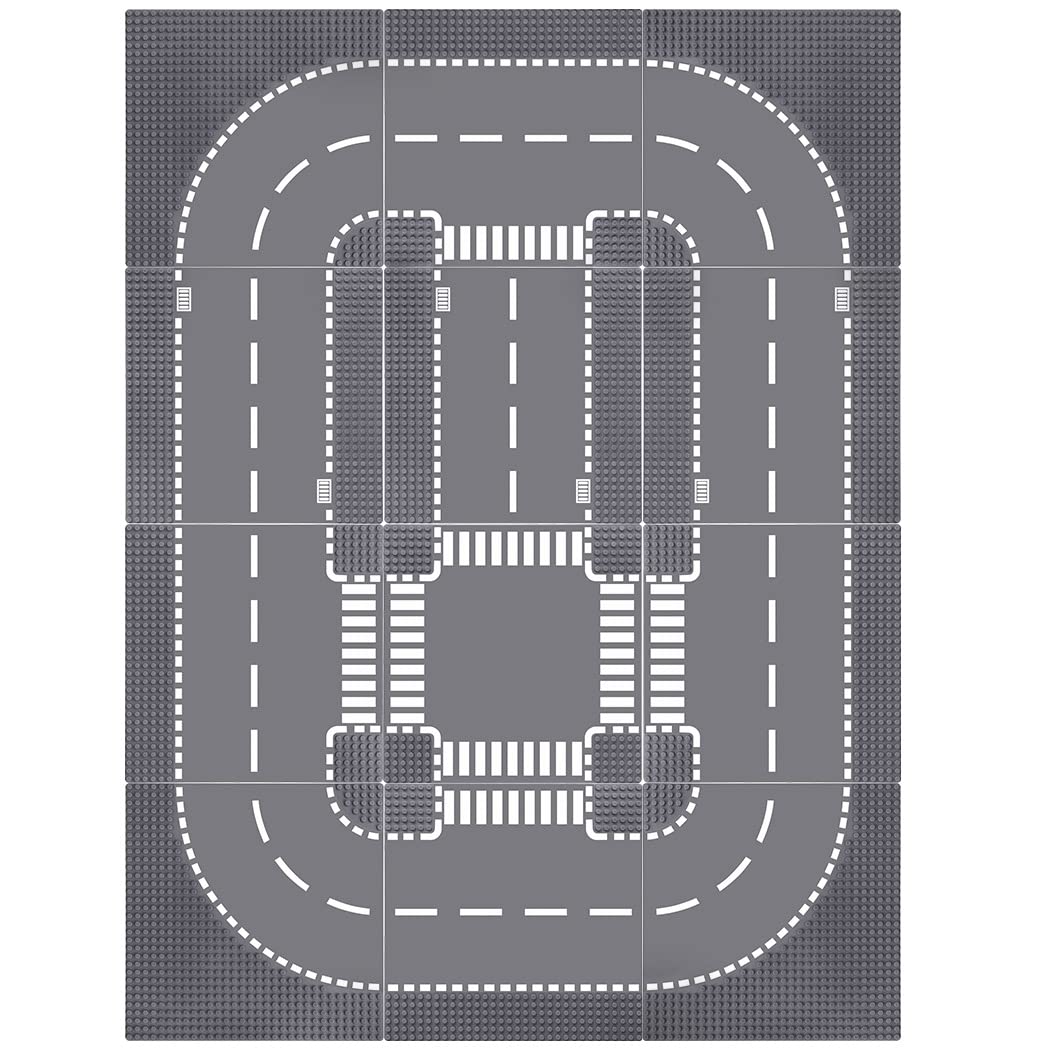 Lekebaby 12-piece City Street Baseplate Set, 25.5 * 25.5cm road plates, 100% compatible with most brands, includes 4 curves, 4 T-junctions, 3 straights, and 1 intersection.