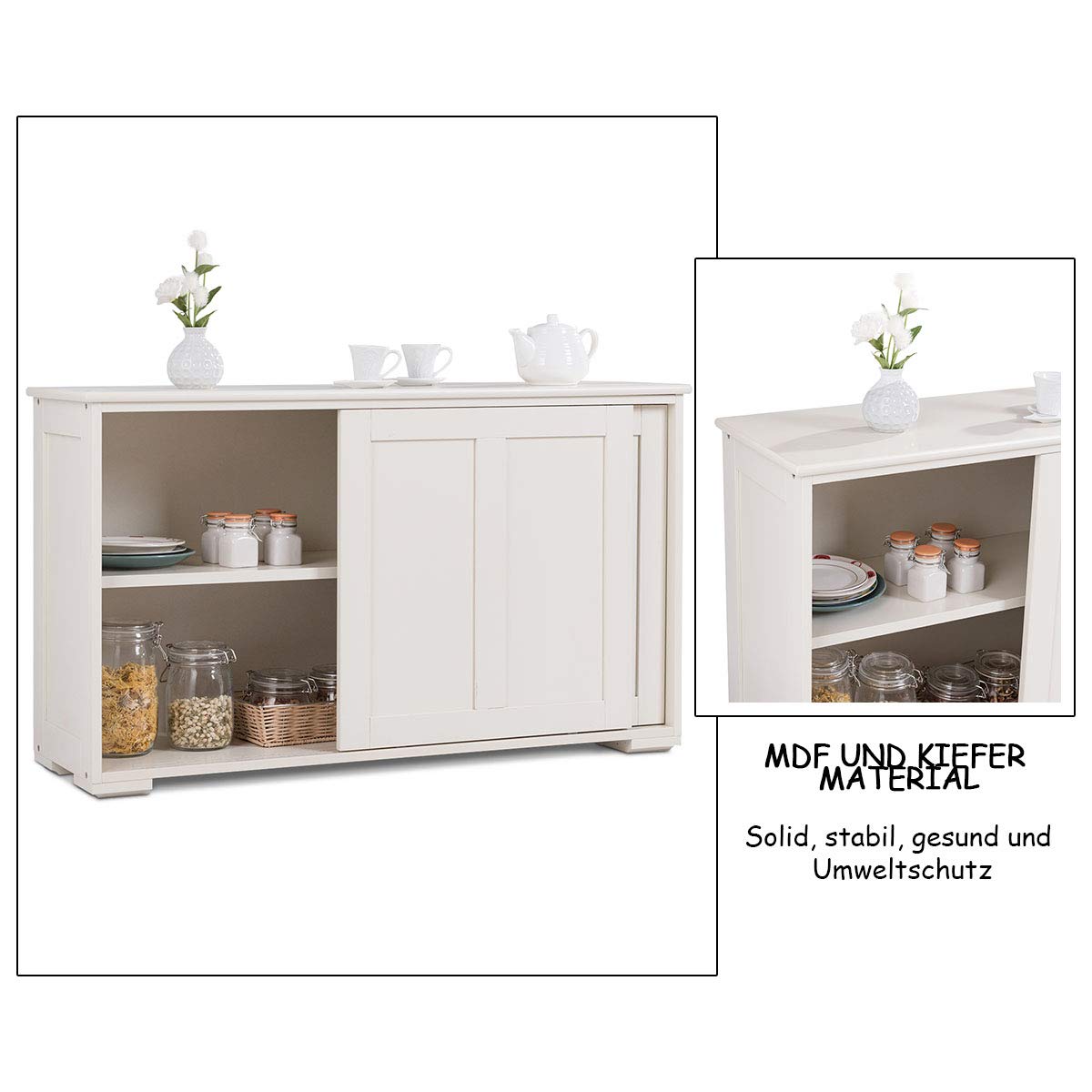 COSTWAY sideboard, kitchen cabinet with sliding doors & adjustable shelves, buffet cabinet storage cabinet, serving cabinet for kitchen, dining room, living room, 107 x 33 x 60 cm, wood, cream white.