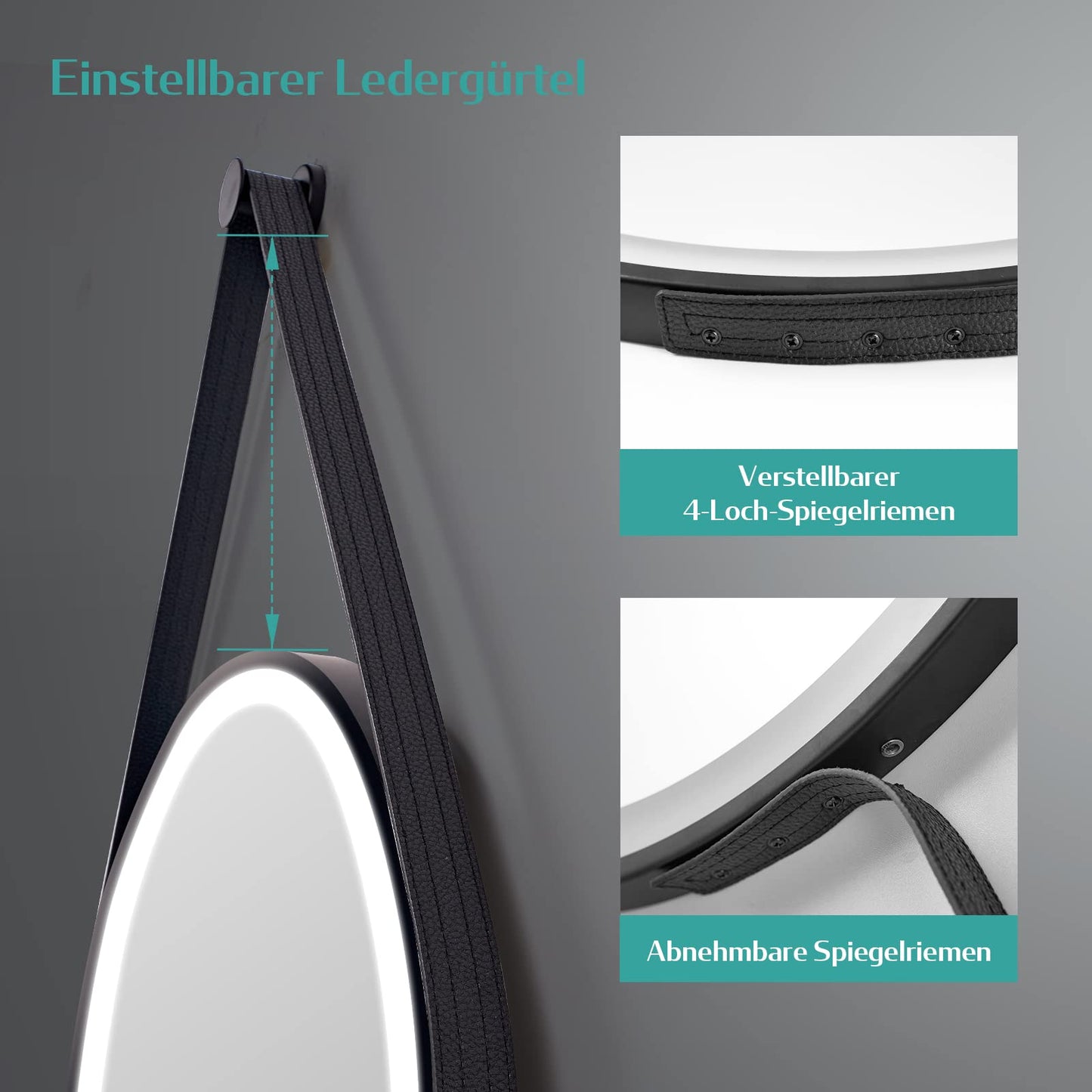EMKE Round 60 cm bathroom mirror with lighting, touch control, 3 light colors, dimmable, memory function, adjustable strap, and 3-hour auto shutdown. IP44 bathroom mirror.