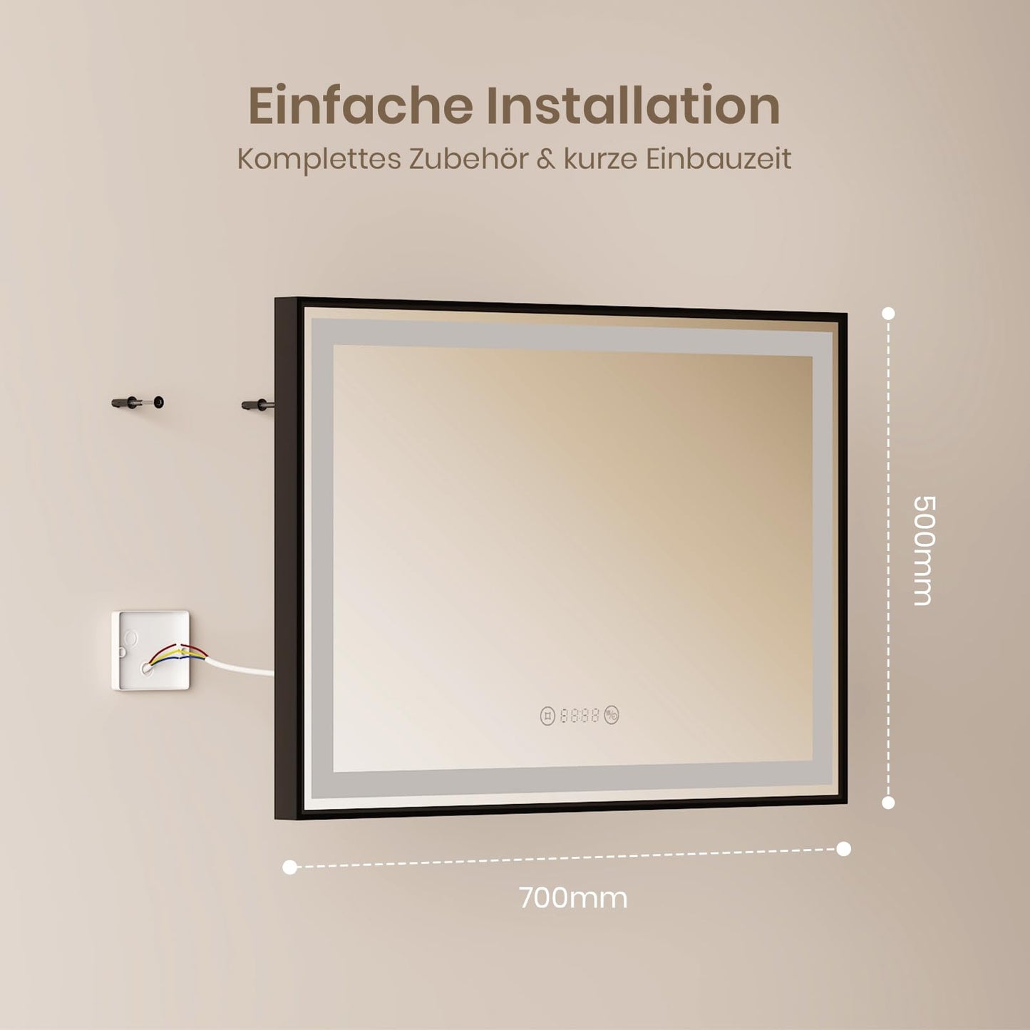 EMKE bathroom mirror with lighting 70x50cm, black mirror with touch control, dimmable, anti-fog, clock, memory function and neutral light 4300K, energy-saving wall mirror IP44