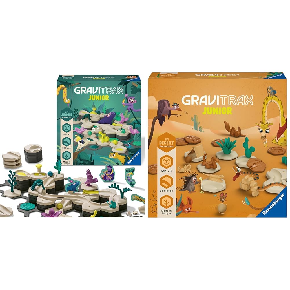 Ravensburger GraviTrax Junior Starter Set L Jungle & GraviTrax Junior Extension Desert - Expandable marble run for kids.