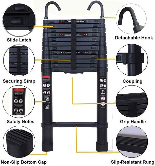 5m/16.5ft telescopic folding ladders made of aluminum EN131 certified. Multipurpose step ladder telescopic extension ladder portable aluminum ladder Max. load 150kg/330lb with removable hook.