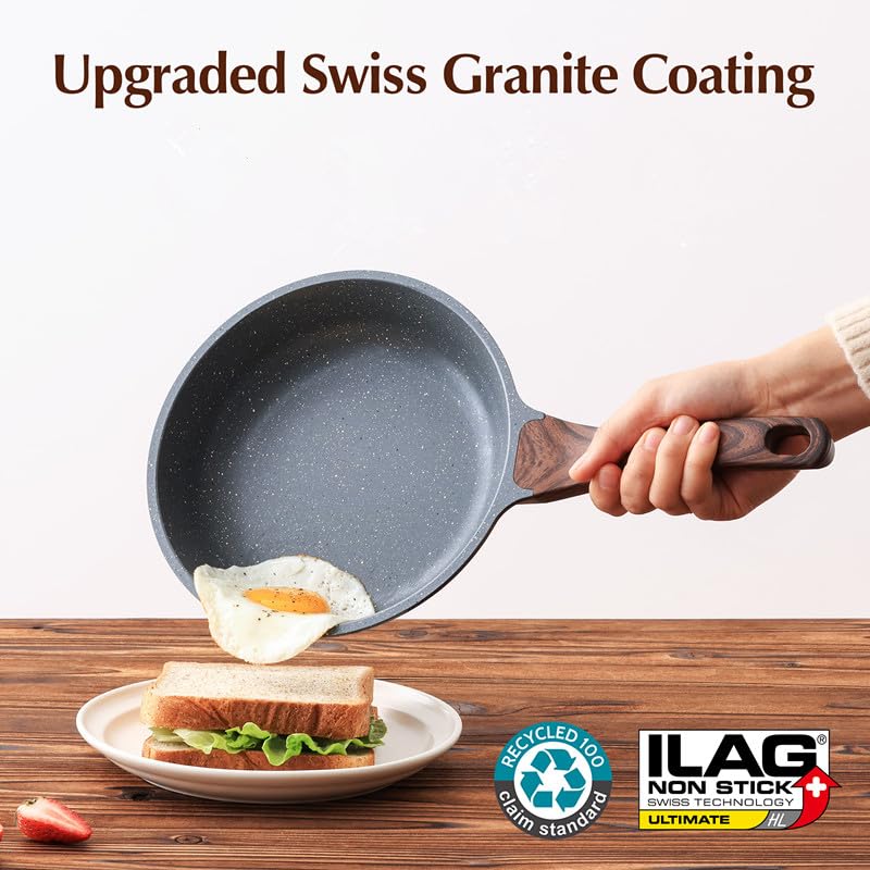Sensarte skillet, non-stick coating, Swiss granite coating, omelette pan, healthy stone cookware, PFOA-free, 8", 11", 13" + glass lid + turner