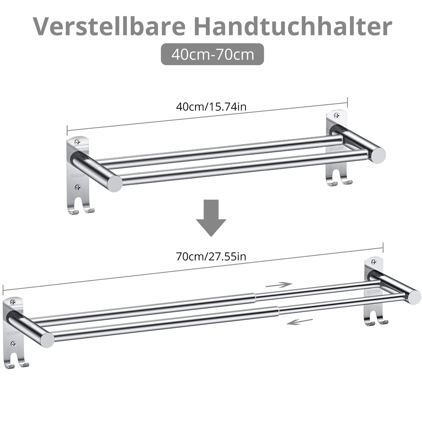 TANiCE 40-70cm double towel bar adjustable stainless steel self-adhesive towel rack wall mounted bath towel holder bracket wall for bathroom