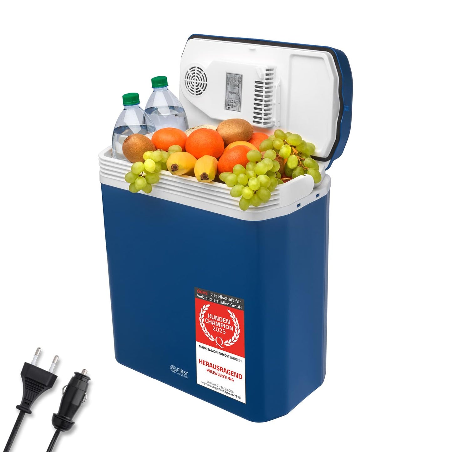 TZS First Austria - Cooler box 24L electric 12V 230V connection for car & power outlet - Thermo-electric Cool Box cools & warms - Mini fridge with handle - For camping, festivals, travel - Blue