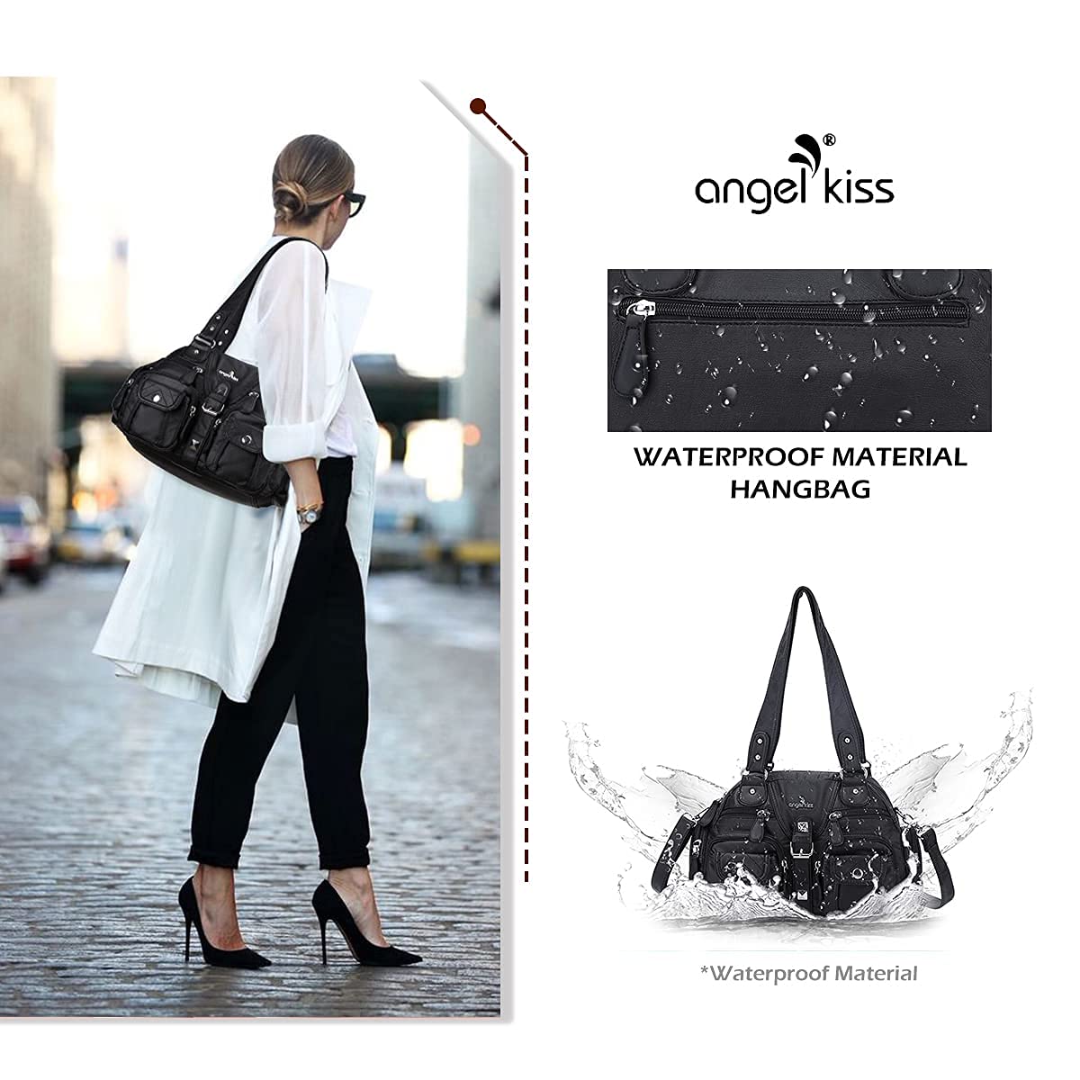 Angel Kiss women's handbag, shoulder bag, made of soft leather with zipper, elegant tote bag with 2 main compartments for office, school, shopping. Black.