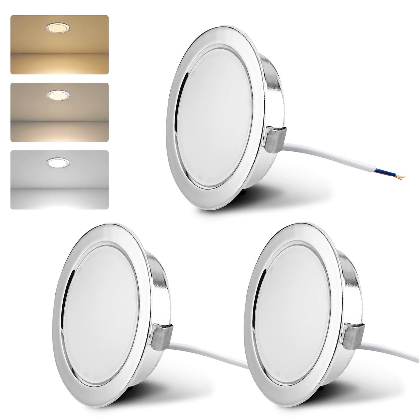 KYOTECH LED furniture recessed light 230V 4W 3 color temperatures 3000K/4000K/6000K G4 LED 300LM light source furniture recessed spotlight, borehole 55-58mm and 20mm flat, brushed stainless steel chrome-3 piece set.