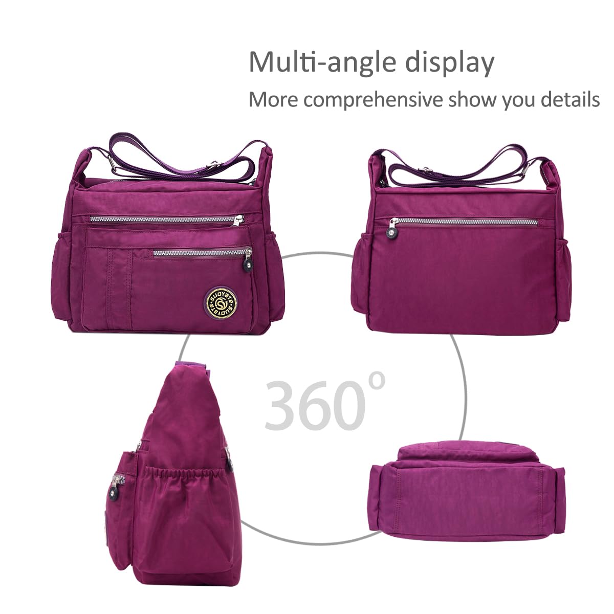 NICOLE & DORIS women's crossbody messenger bag in casual pink nylon, featuring multiple pockets and a zipper closure.