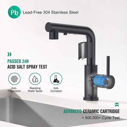 CREA kitchen faucet with 3 functions spray, black kitchen tap with pull-out spray, 360° swivel kitchen sink mixer, matte black sink tap.