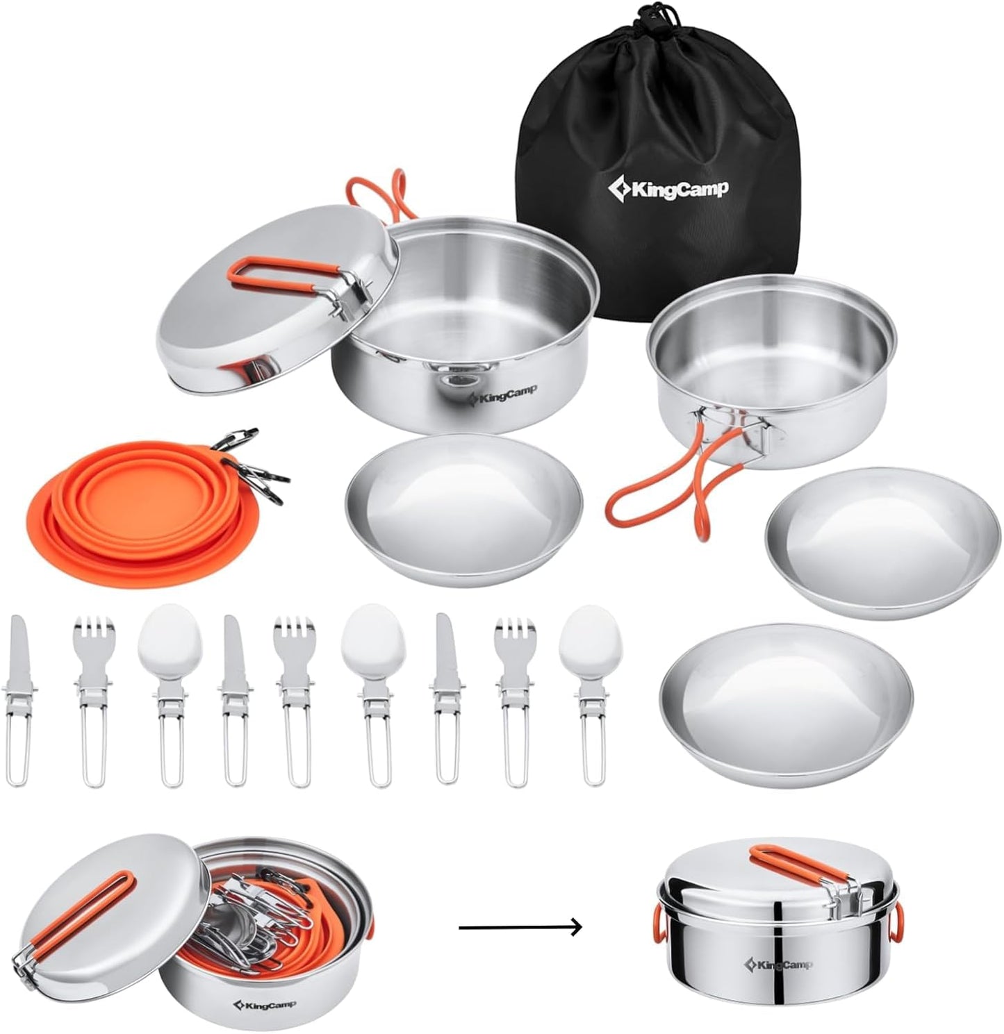 KingCamp Camping Cookware Set, Cookset Dishes Set, Stainless Steel Cooking Pot for 3-4 People, Outdoor Cooking, Picnic, Hiking.