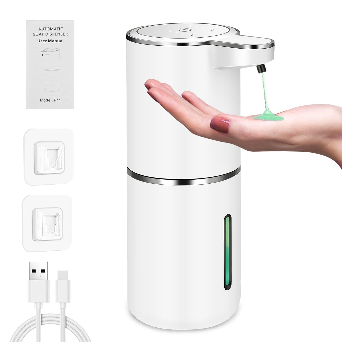 Automatic Soap Dispenser - P11 Electric Soap Dispenser with Sensor, Automatic Soap Dispenser with 4-step setting, Battery level display, Wall-mounted Soap Dispenser for Bathroom kitchen (Gel)