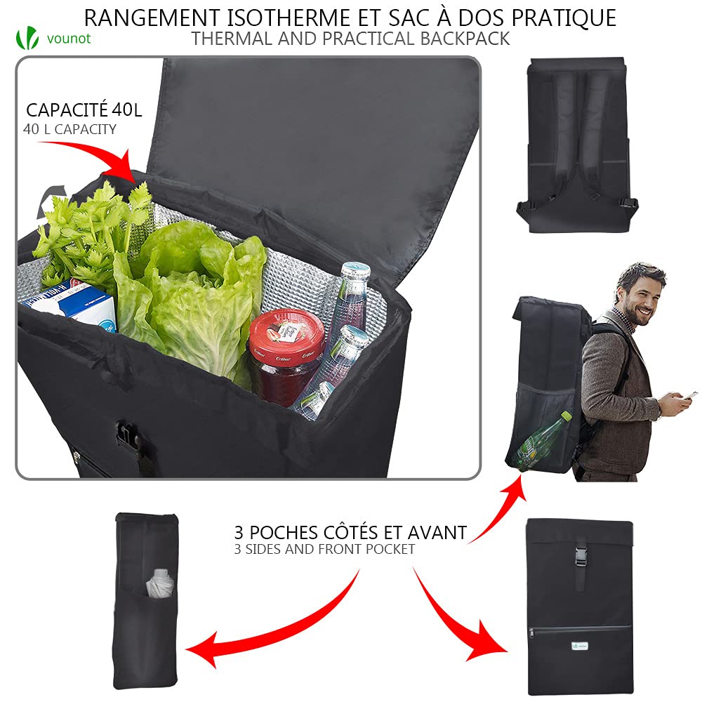 VOUNOT shopping trolley with cooler compartment, collapsible shopping cart with 3 wheels, 40 L, black.