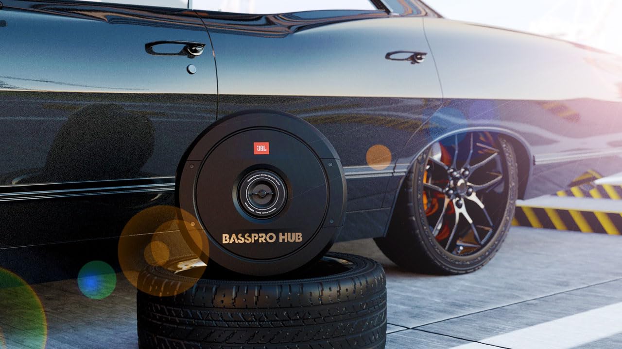 JBL BassPro Hub 11" Spare Tire Active Subwoofer Set - 300 Watt car subwoofer with built-in amplifier and fiberglass woofer for spare tire hub, Black