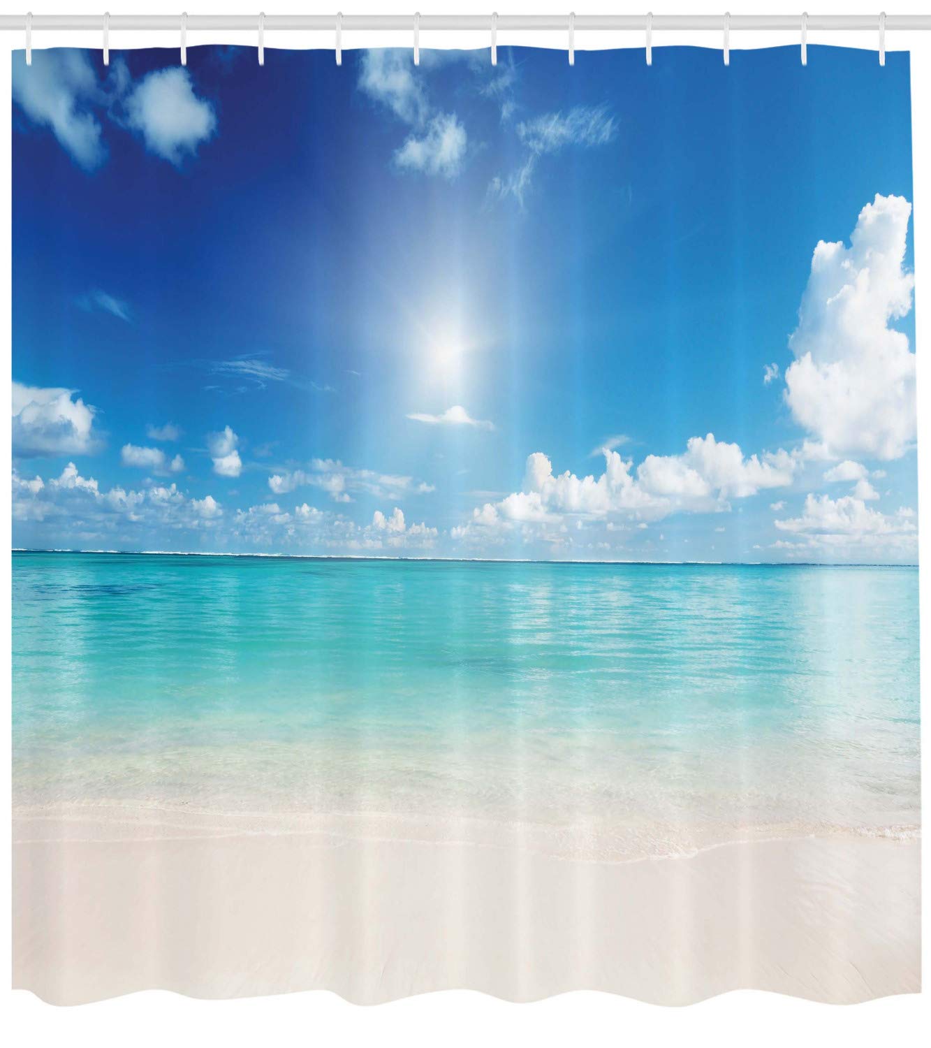 ABAKUHAUS Landscape Shower Curtain, Sky and Tropical Sea, with 12 Rings Set Stylish Modern Colorfast and Mold Resistant, 175x240 cm, Cream Turquoise White