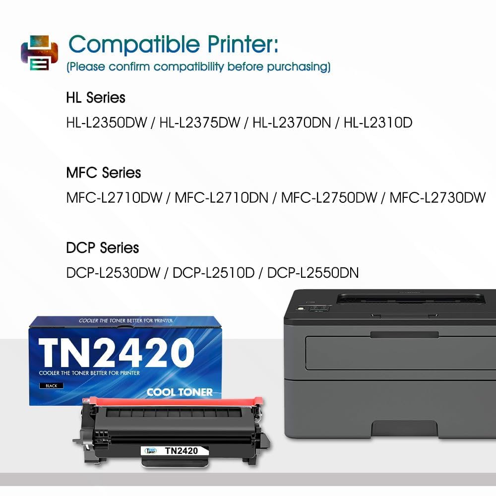 Cool Toner TN2420 TN-2420 compatible toner for Brother MFC L2710DW TN 2420 2410 TN2410 MFC-L2710DW HL-L2350DW MFC-L2710DN HL-L2310D DCP-L2530DW MFC-L2750DW DCP-L2510D HL-L2375DW (Black 2 pack)