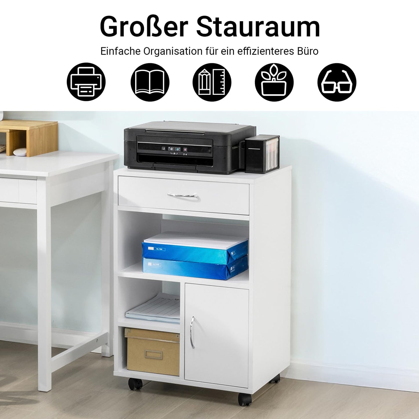 SoBuy printer cart with wheels Mobile printer stand desk cabinet with drawers rolling file cabinet White Side table with wheels for office living room and study 50x75x40cm FBT106-W