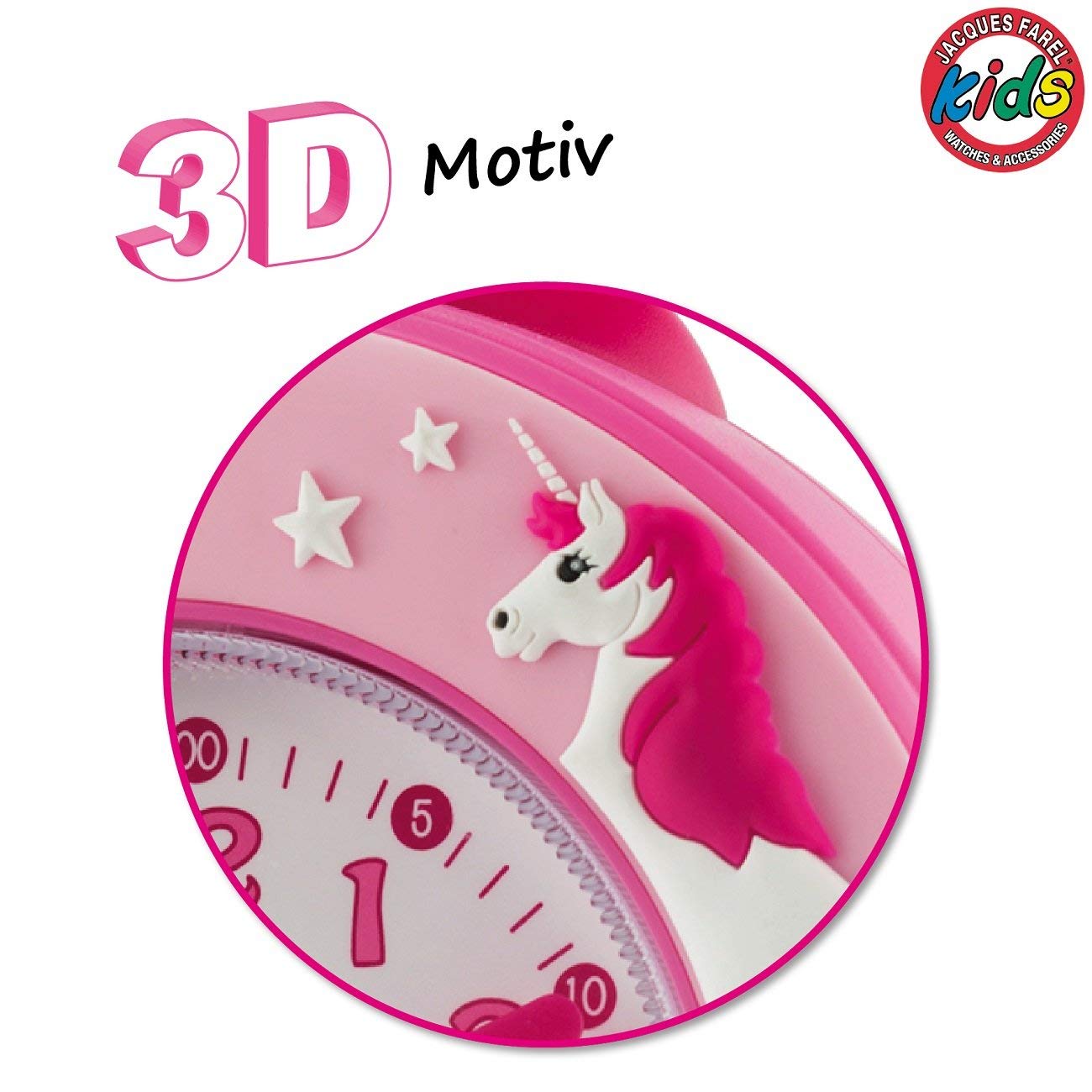 JACQUES FAREL children's alarm clock learning clock girls 3D unicorn pink rose analog quartz without ticking with light and snooze alarm ACW 50
