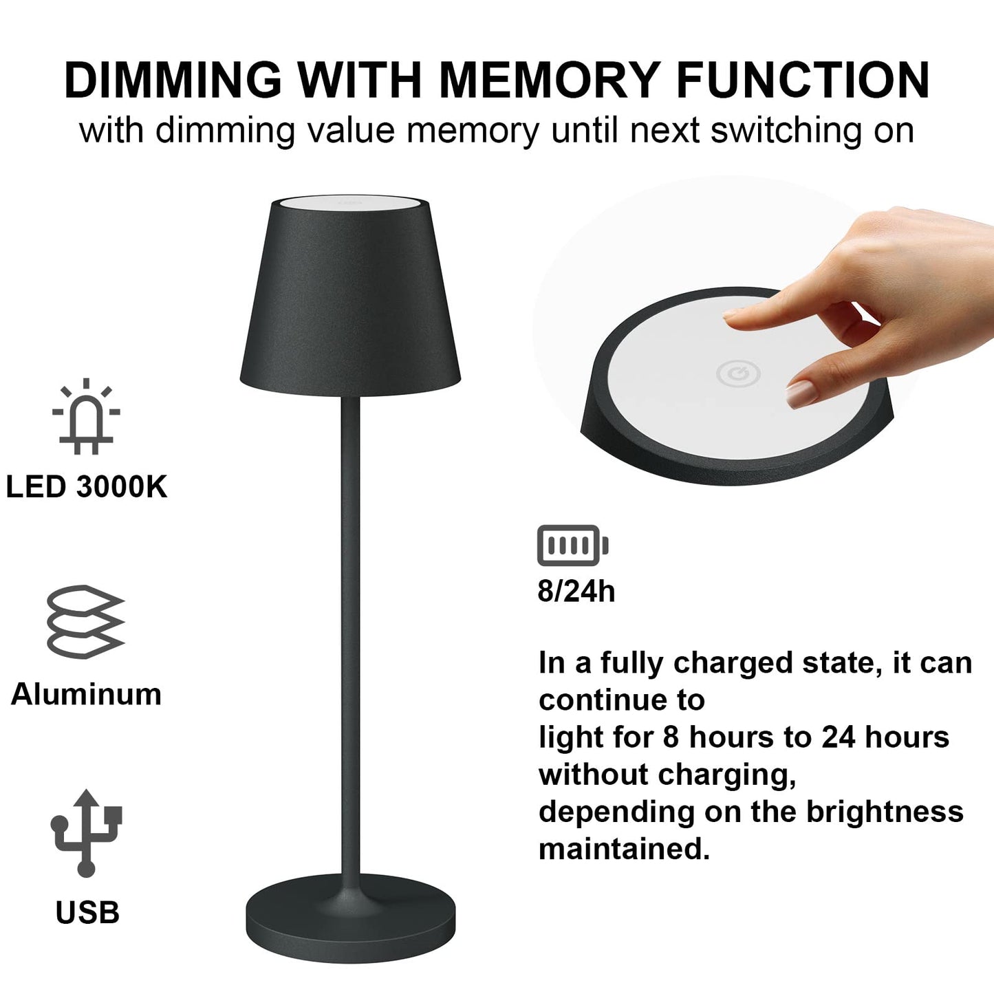 Klighten 2-piece Dimmable LED Battery Table Lamp, Warm Light Color 3000K, Rechargeable Designer Desk Light with USB Charging Station, Anthracite, Aluminum, For Indoor and Outdoor Use