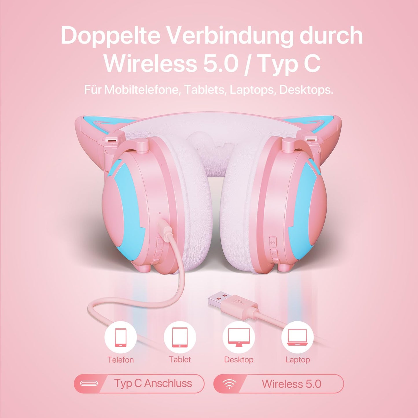 YOWU RGB Cat Ear Headphone 3S Wireless 5.0 Foldable Gaming Headset with built-in microphone & customizable lighting and effects through app, Type-C charging audio cable, for PC Laptop Mac Smartphone (Pink)