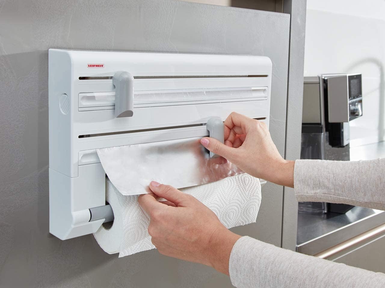 Leifheit Wall-Mounted Paper Towel Holder Parat ComfortLine Series for 3 rolls, clean cut edges with practical cutting blade, kitchen roll holder with foil cutter ensures convenient foil ends.