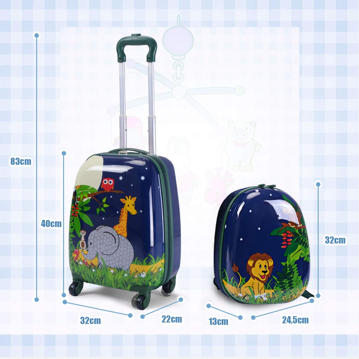 GOPLUS Kids Suitcase with Backpack, Kids Trolley, Children's Luggage with Wheels, Travel Suitcase with Telescopic Handle, Hard Shell Suitcase for Kids, Children's Trolley Color Choice (Elephant, 12"+16")