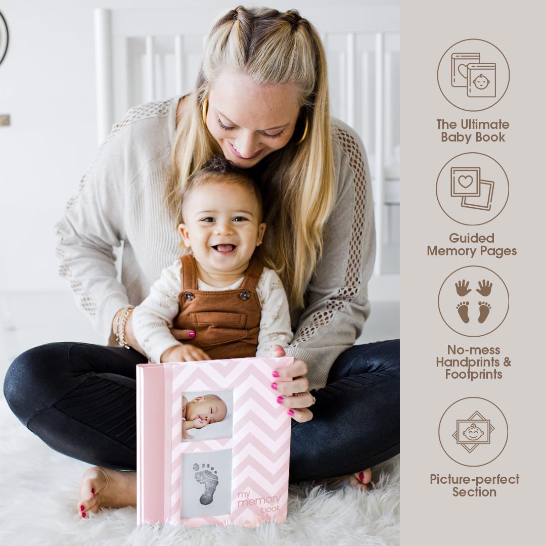 Pearhead First 5 Years Chevron Baby Memory Book with Clean-Touch Baby Safe Ink Pad for Baby Handprint or Footprint, Baby Girl Keepsake Book, Imprint Kit Included, Pink, US English Version