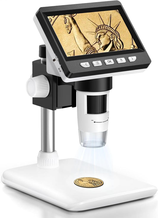 AOPICK Microscope for Phone, LCD Digital Microscope 50X-500X Resolution, 4.3-inch 1080P USB Microscope with 8 Adjustable LED Lights, PC View, for Adults/Kids, compatible with MacOS Windows