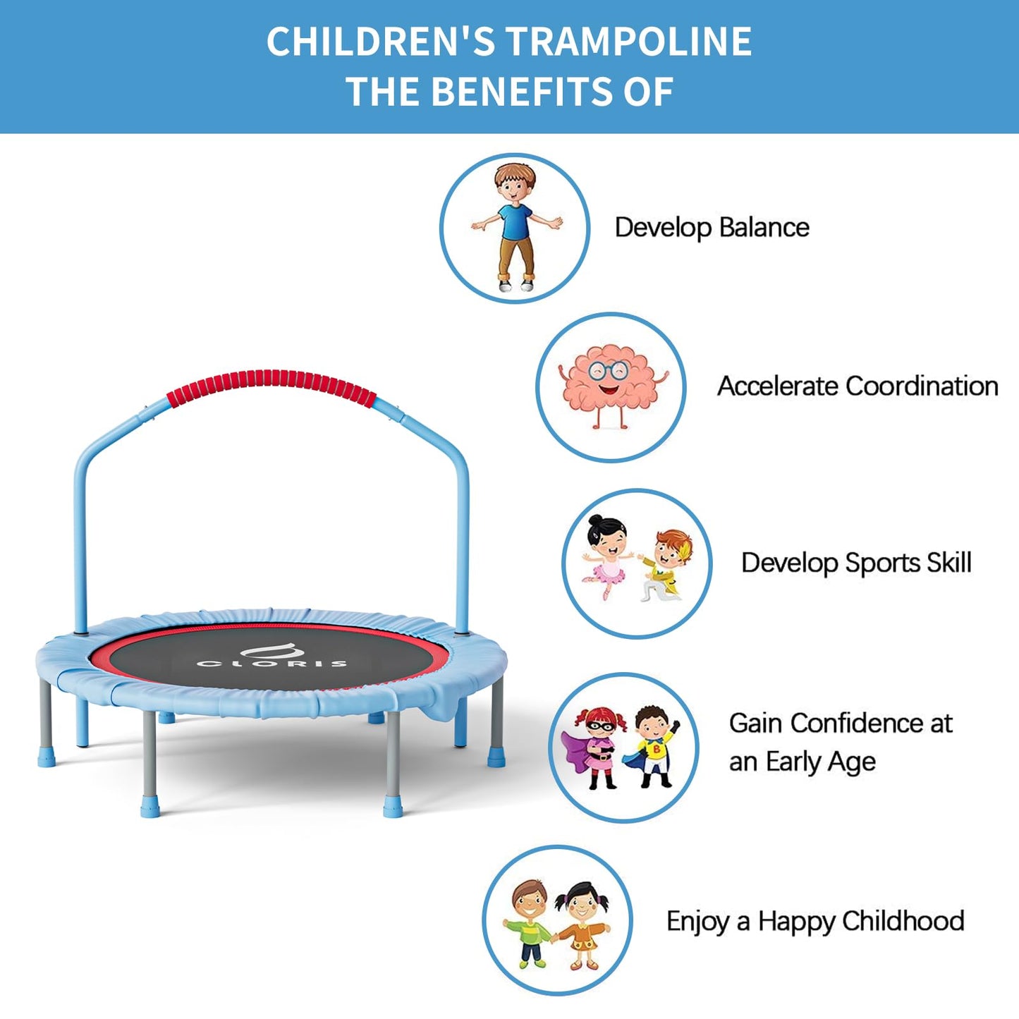 CLORIS 40'' folding fitness trampoline - max load 220lbs, rebounder with adjustable foam handle indoor/outdoor, fitness, body exercise (blue)