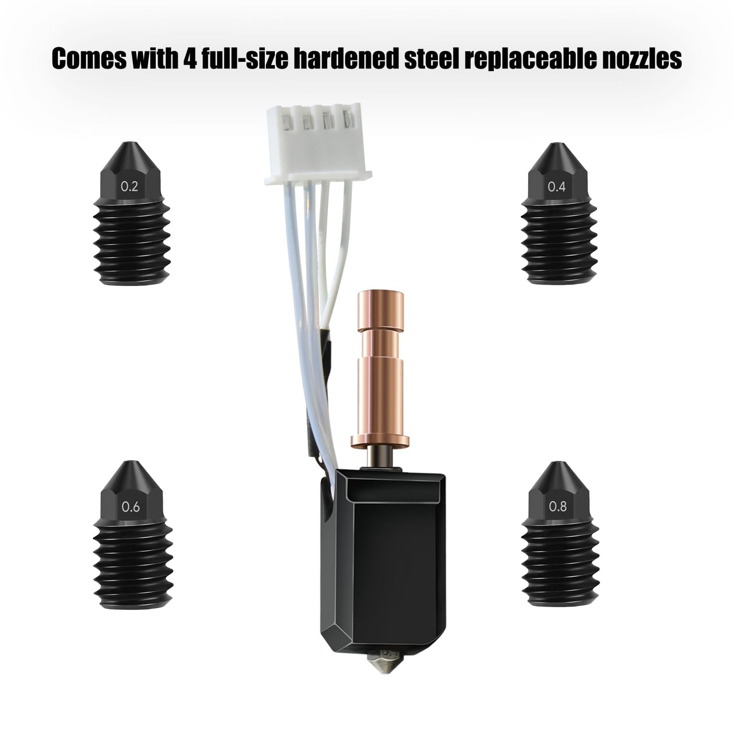 JUUPINE 3D Printer Upgraded Fast Heating Kobra S1 Extruder Ceramic Heating Tube Hot End Kit includes 4 hardened steel nozzles (0.2/0.4/0.6/0.8) and 2 silicone socks.