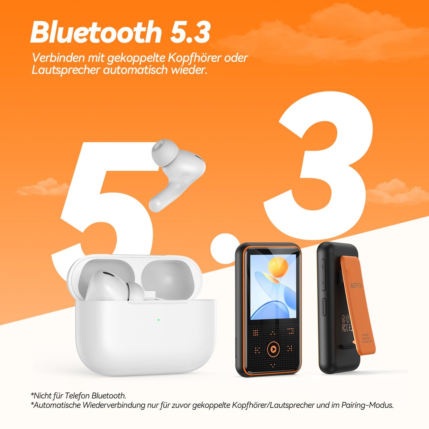 AGPTEK 64GB MP3 player with sport clip, Bluetooth 5.3 player with 1.8-inch TFT color screen, mini music player with touch buttons, FM radio, pedometer, supports up to 128GB SD card, orange