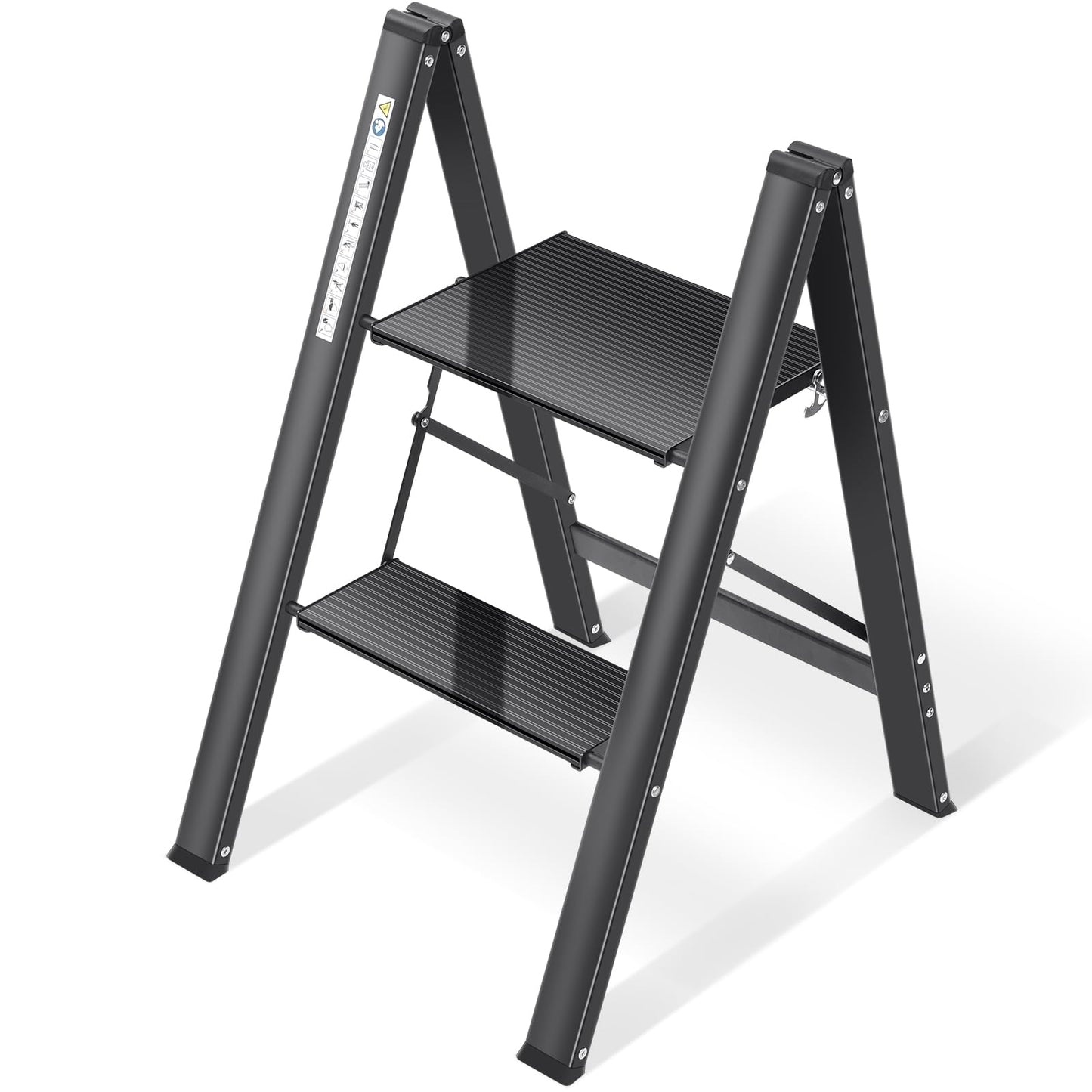KINGRACK Step Ladder, 2 Step Stool, Folding Step Ladder with Handrail, Non-Slip Household Ladder with Folding Lock, Black Aluminum Step Stool