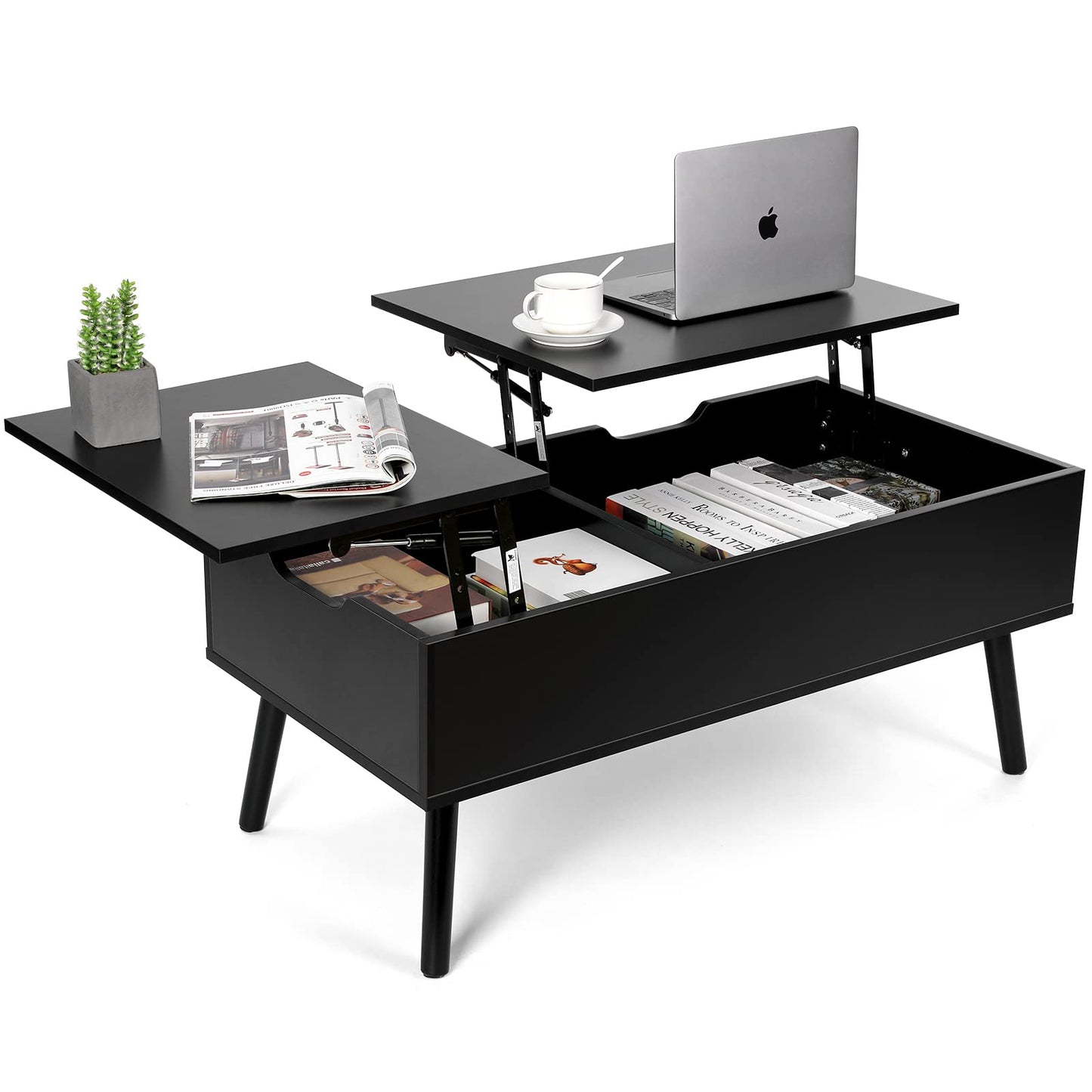 VOWNER Coffee Table, Adjustable Height Coffee Table, Extendable, Retractable Coffee Table, Separate Hidden Storage Compartment, Double Lift Top, Living Room Table, Black