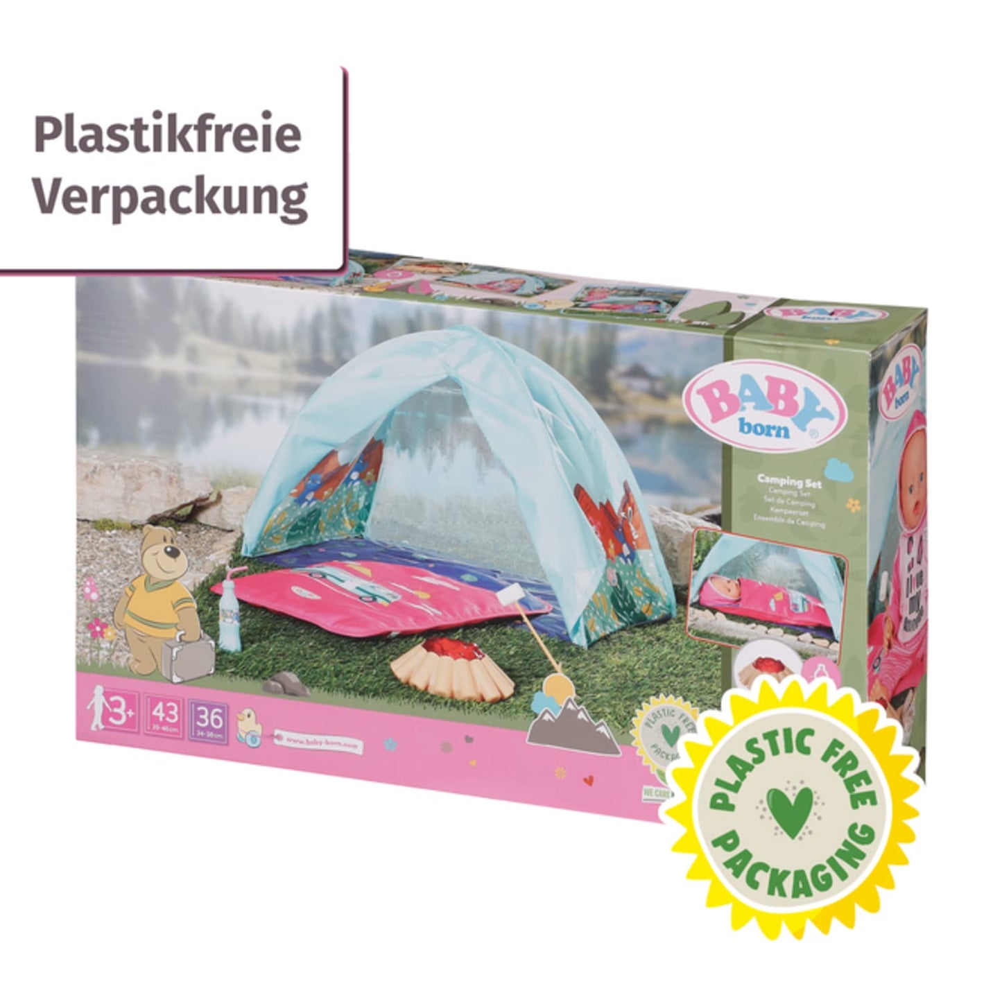 BABY born 832783 Weekend Camping Set - Doll accessories set, doll tent with sleeping bag, campfire with light function, marshmallow stick and soda bottle, Pink