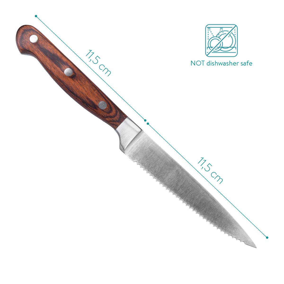 Navaris 6x Steak Knife Set with Wood Handle - Cutlery Knife 6-piece Set - Cutlery Set made of Stainless Steel and Wood with Gift Box - Serrated Edge Steak Cutlery