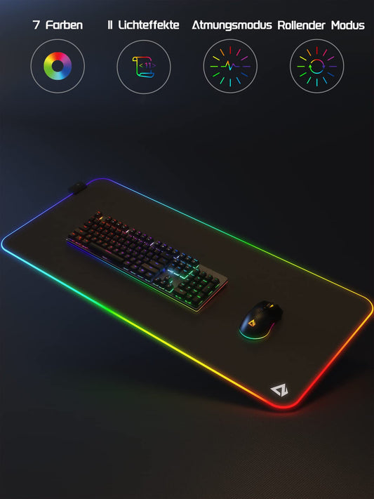 EASEMO Gaming Mousepad, RGB Mousepad, XXL large (900 x 400 x 4 mm) with 7 LED colors, 11 lighting modes, and waterproof fabric surface, non-slip rubber base for PC, laptop, keyboard