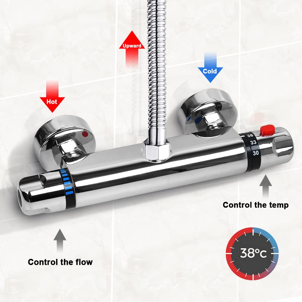 Thermostatic shower faucet with 38°C safety button, temperature control, wall-mounted, 1/2" shower thermostatic mixer tap for bathroom.