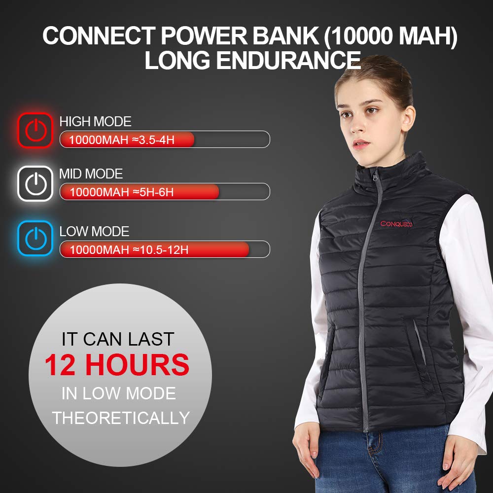CONQUECO Women's Heated Vest Battery: Heated Jacket with 10000mAh Battery - USB Charging Heated Down Vest Clothing for Outdoor Travel Motorsport, S