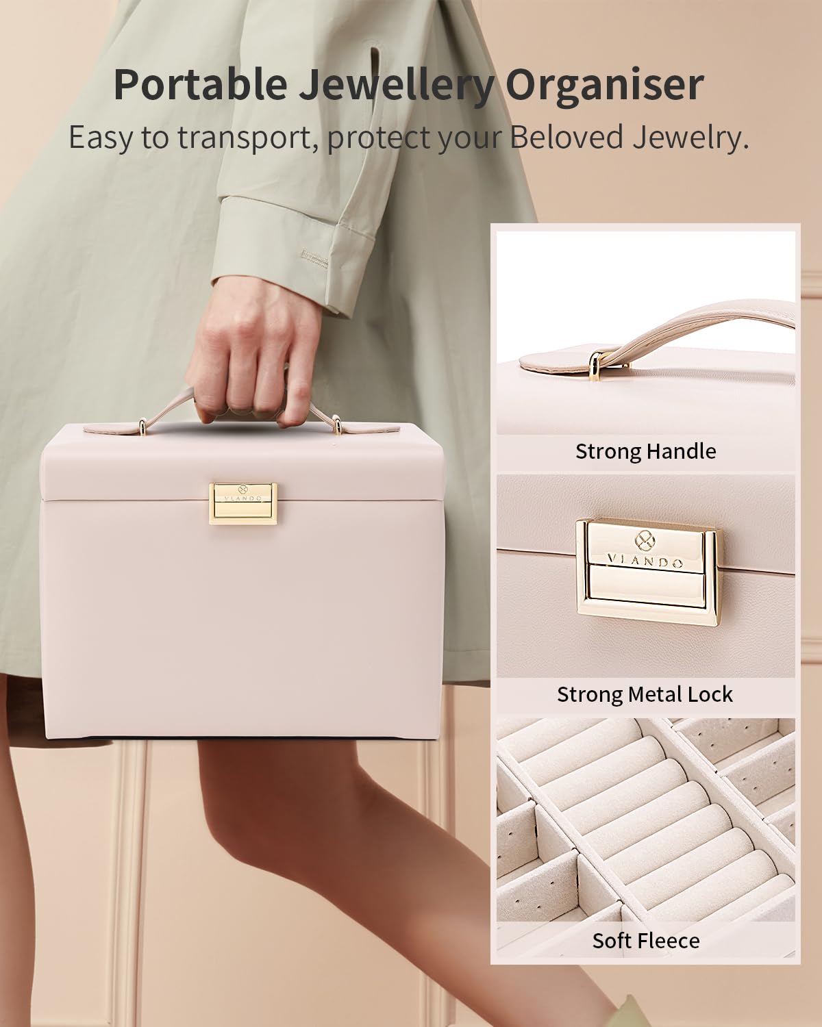 Vlando Jewelry Box Large with 4 layers, Jewelry Case PU Leather, Jewelry Box with Mirror and Drawers, Jewelry Organizers, Velvet lining, Beige