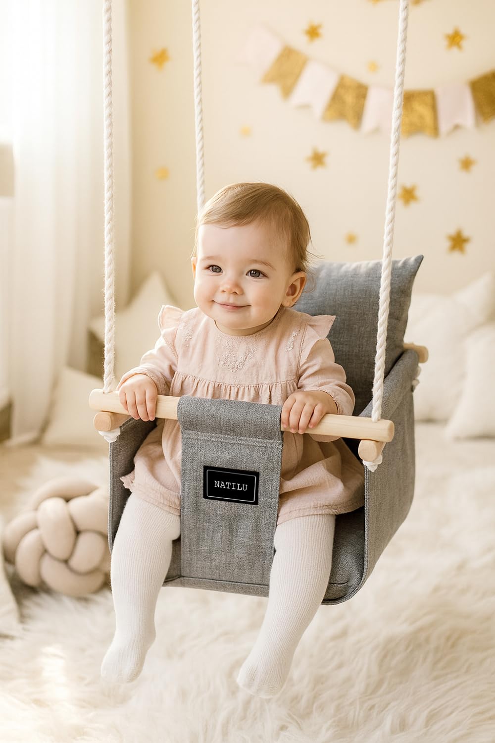 NATILU® Baby Swing Set Indoor Outdoor | Baby Swing | Baby swing Indoor | Wooden Kids Swing | Wooden Swing for Children | Swings for Door Frames (Silver)