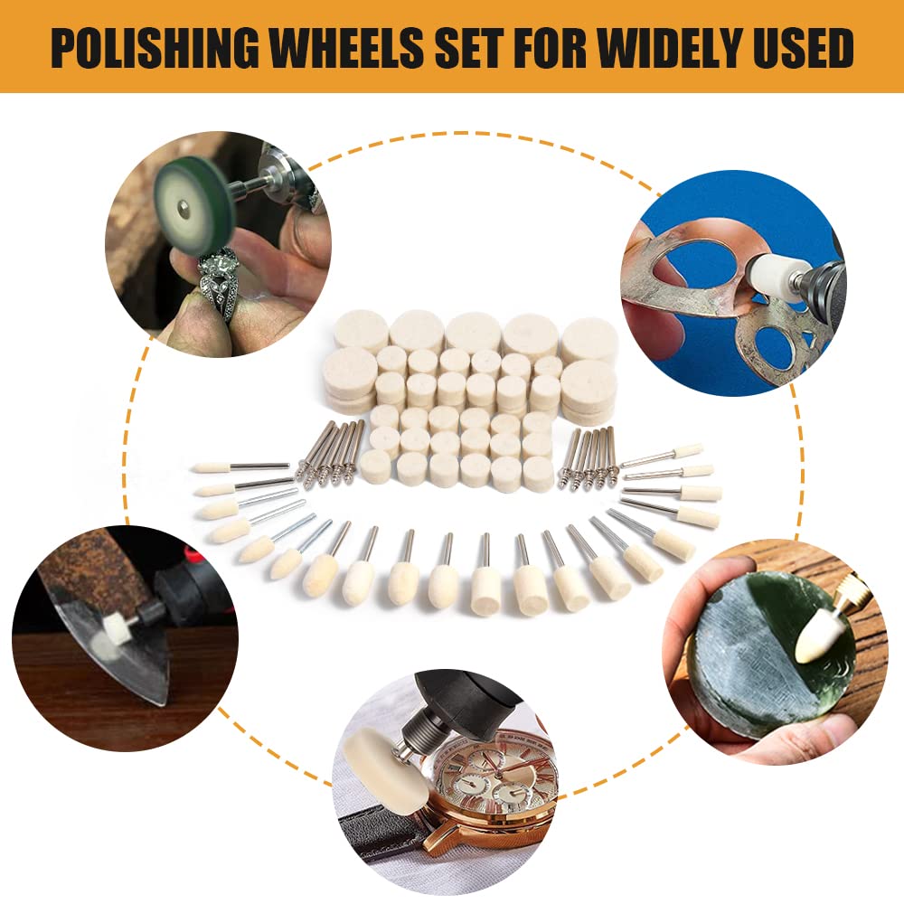 80PCS Wool Felt Polishing Wheels, Wool Felt Mounted Mandrel Polishing Set with 1/8" Shank Polishing Accessories for Dremel Rotary Tool Jewelry Metal Glass
