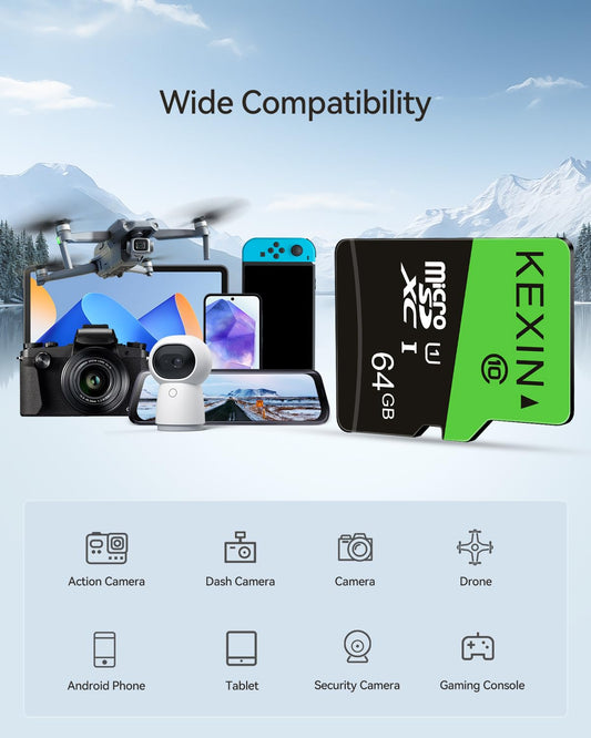 KEXIN Micro SD Card 64GB 3 Pack, Memory Card Micro SD with Adapter, UHS-I, U1, A1, C10 Microsdxc SD Card 64GB for Camera, Smartphone, Monitor