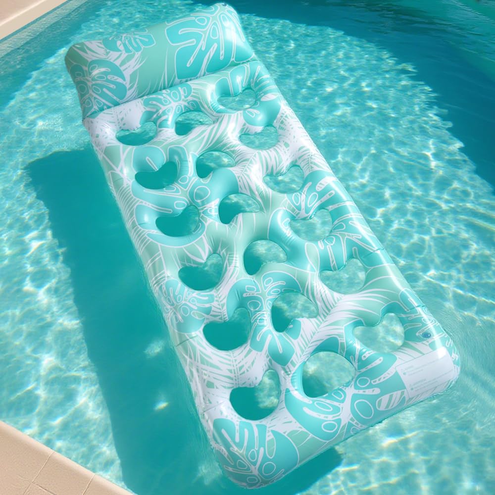 LUSTERMOON Inflatable large pool float for adults, pool chair float and lounger with cup holders for summer, pool, lake, beach, 2 pieces (blue + pink)