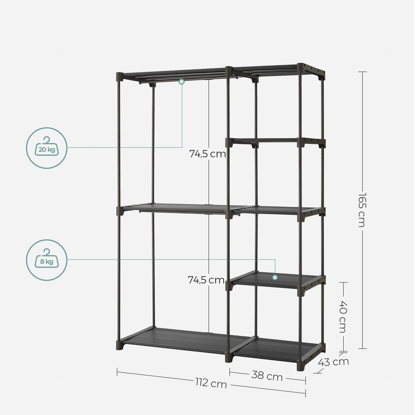 SONGMICS Open Wardrobe, Clothes Rack, Hanging Rail, Wardrobe, 2 Hanging Compartments, ample space, for Bedroom, Living Room, 112 x 43 x 165 cm, black RYG24BK