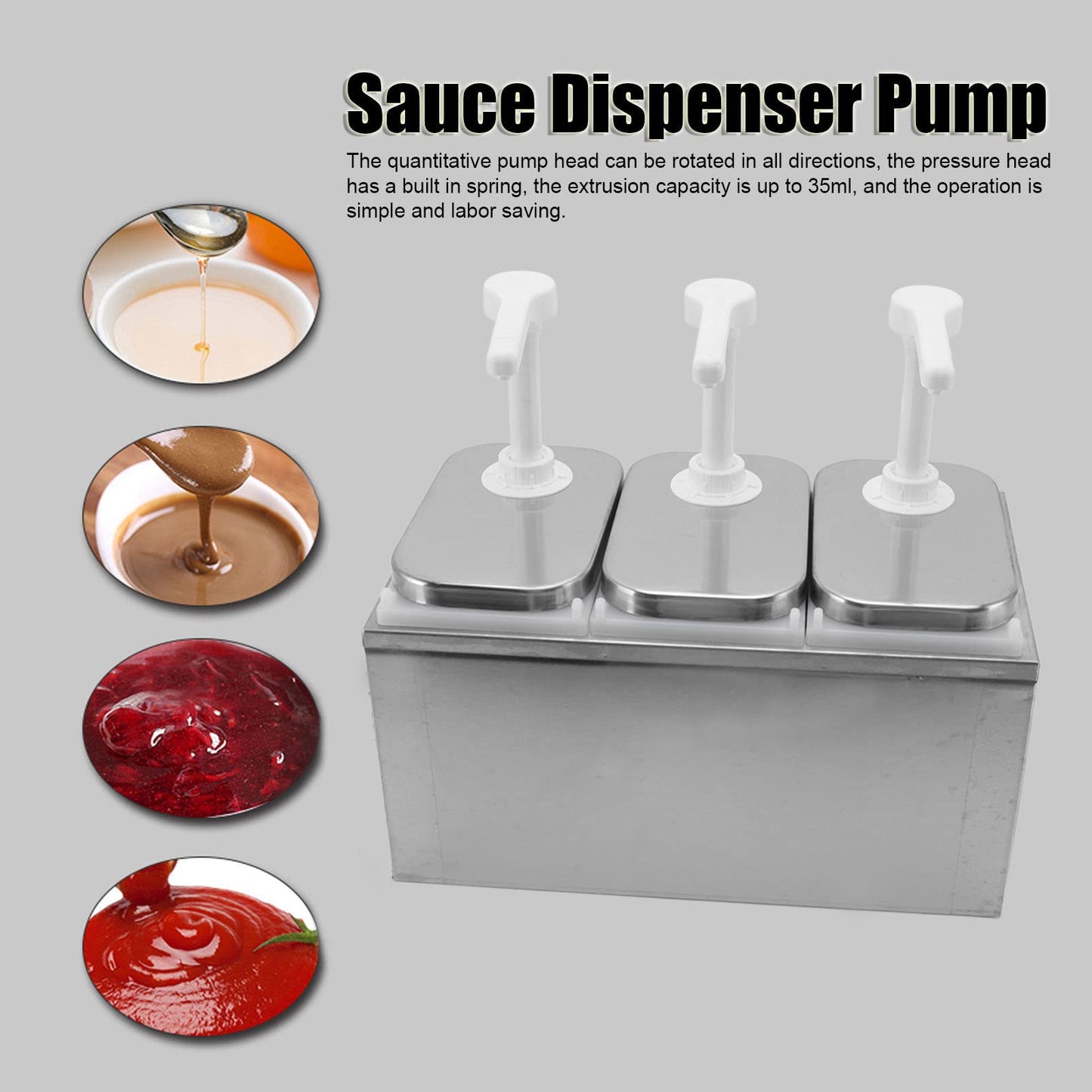 Natudeco sauce dispenser, condiment pump station, honey dispenser, plastic, stainless steel, pump dispenser for sauces, kitchen syrup, milk, cooking oil (THREE heads 2L/head)