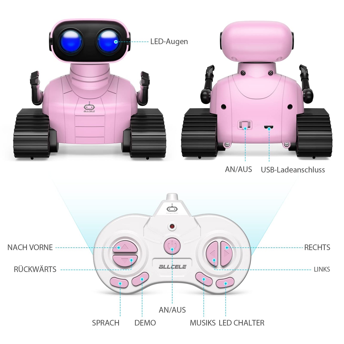 ALLCELE Robot Kids Toy, Rechargeable Remote Control with LED Eyes Music and Interesting Sounds for 3 4 5 6 7 8 Years Old Boys and Girls Gift -Pink