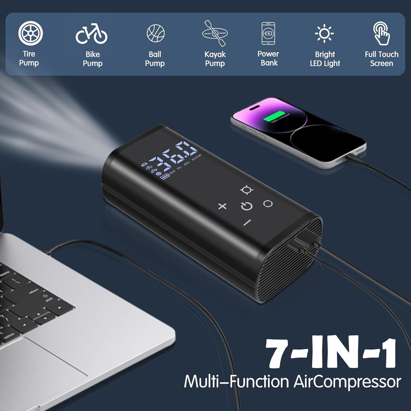 Electric air pump, 150 PSI portable battery compressor, 6000mAh bike pump air compressor for car bike motorcycle balls, touchscreen, rechargeable via USB-C, doubles as emergency light and power bank.