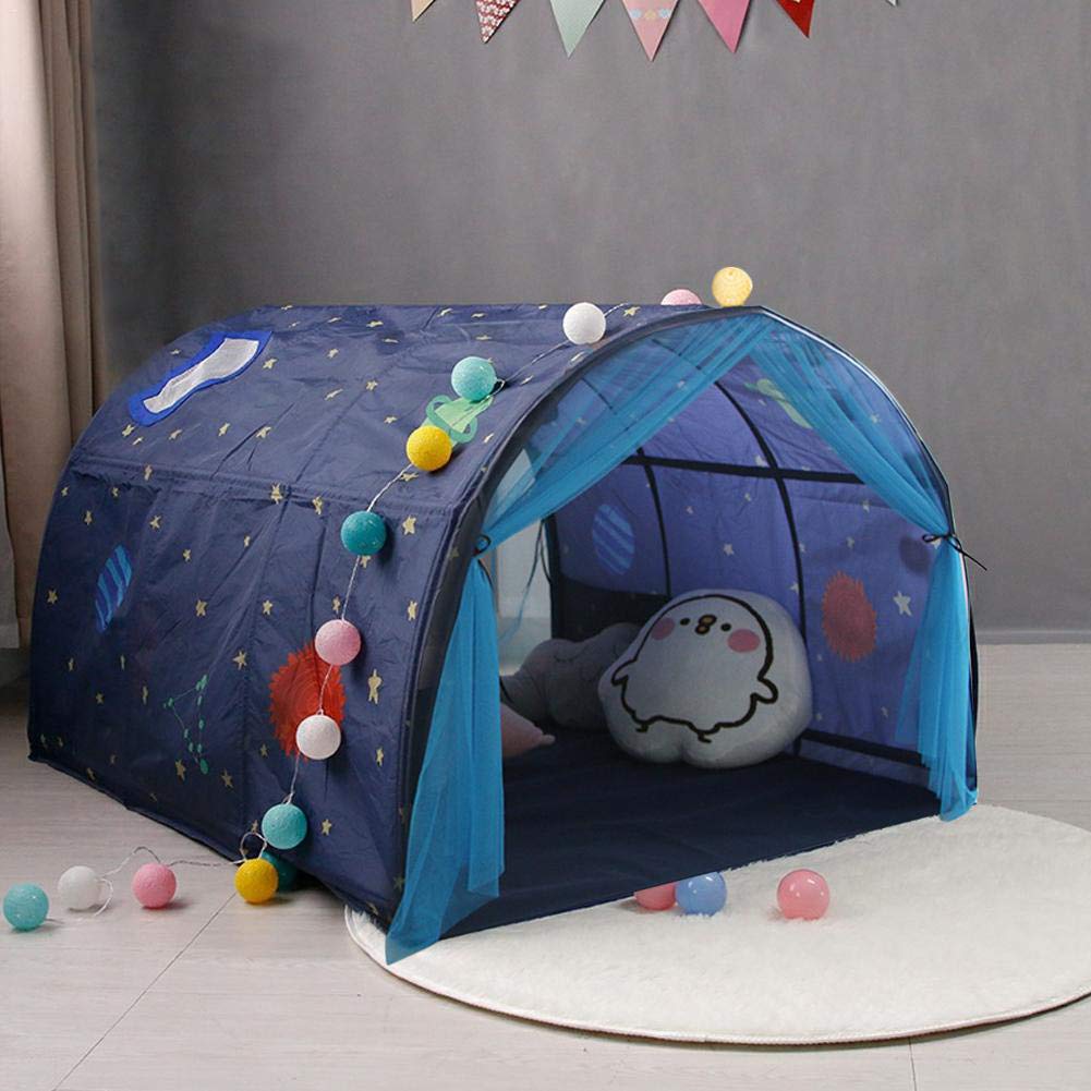 Powcan kids play tent for boys and girls, Galaxy starry sky playhouse tent for children. Pop up tent with double mesh curtain and carry bag for indoor and outdoor games. Size: 140x100x80cm.